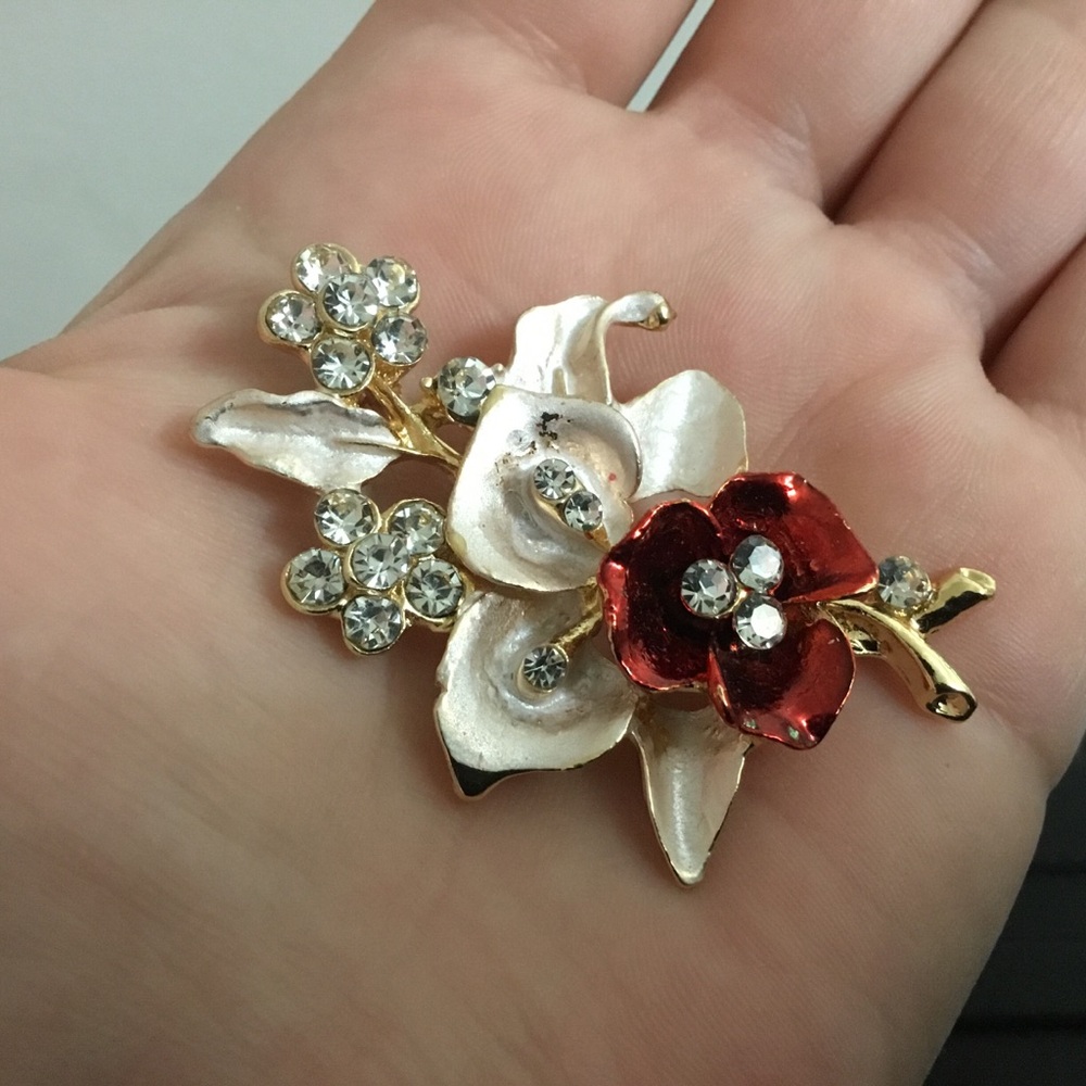 Vintage Pink Red Floral Rhinestone Brooch Pin